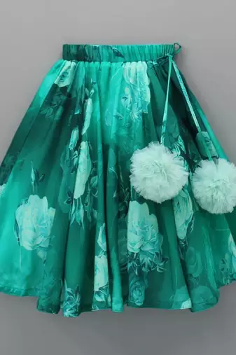 Teal green floral printed rayon lehenga choli for girls sleeveless partywear set with pom-pom detail