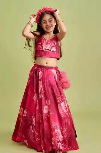 Wine pink floral printed rayon lehenga choli for girls – sleeveless festive wear set with pom-poms