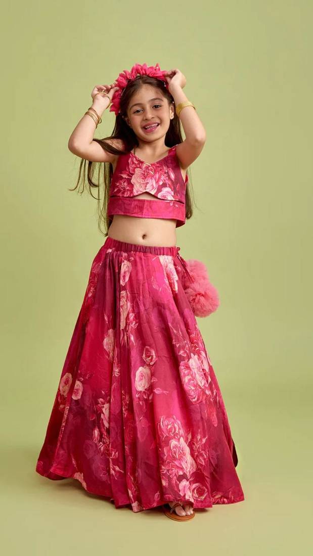 Wine pink floral printed rayon lehenga choli for girls – sleeveless festive wear set with pom-poms