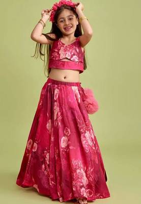 Wine pink floral printed rayon lehenga choli for girls sleeveless festive wear set with pom-poms 1