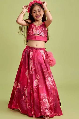 Wine pink floral printed rayon lehenga choli for girls – sleeveless festive wear set with pom-poms