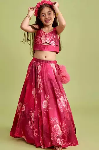 Wine pink floral printed rayon lehenga choli for girls – sleeveless festive wear set with pom-poms