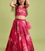 Wine pink floral printed rayon lehenga choli for girls sleeveless festive wear set with pom-poms