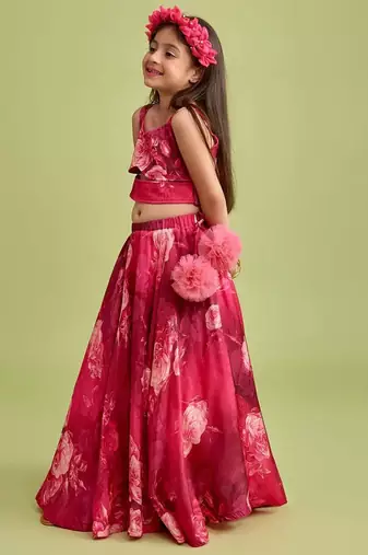 Wine pink floral printed rayon lehenga choli for girls sleeveless festive wear set with pom-poms