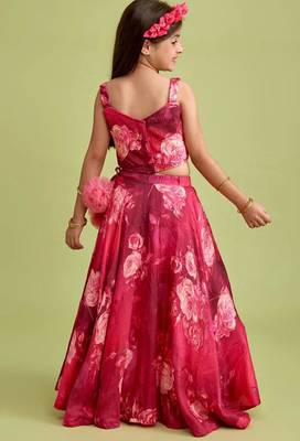 Wine pink floral printed rayon lehenga choli for girls sleeveless festive wear set with pom-poms 3