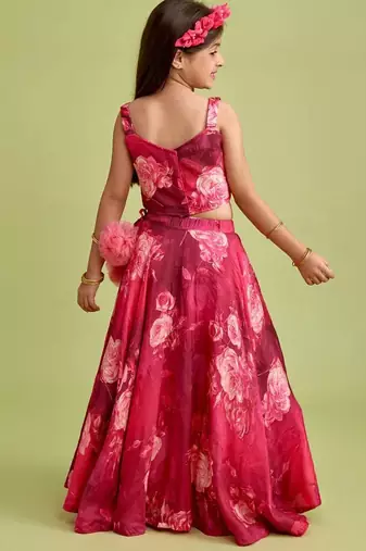 Wine pink floral printed rayon lehenga choli for girls sleeveless festive wear set with pom-poms