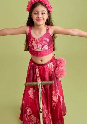 Wine pink floral printed rayon lehenga choli for girls sleeveless festive wear set with pom-poms 4