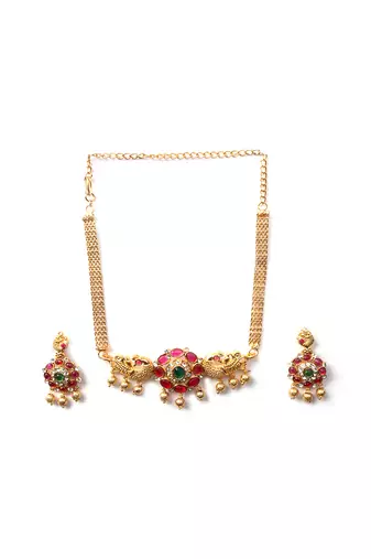   unique gold plated kemp studded peacock choker set