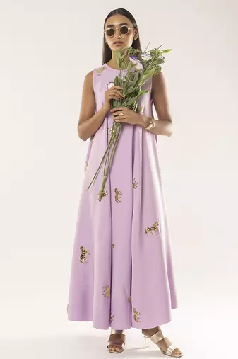 Purple embroidered crepe dress