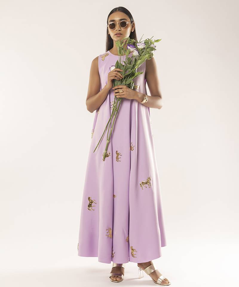 Purple embroidered crepe dress