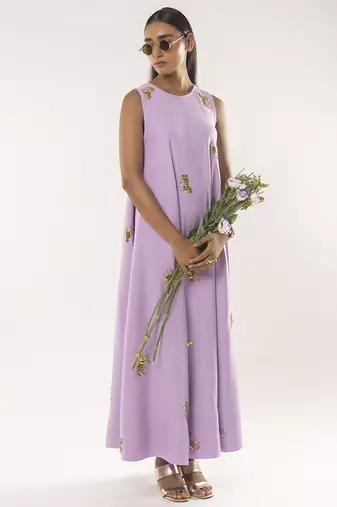 Purple embroidered crepe dress