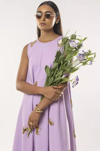 Purple embroidered crepe dress