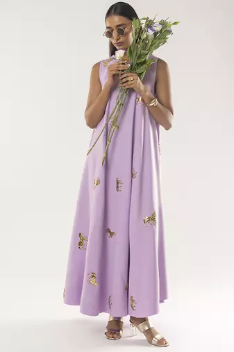 Purple embroidered crepe dress