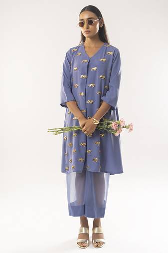Blue embroidered crepe kurta set