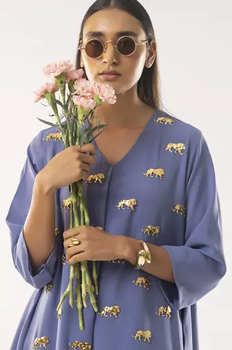 Blue embroidered crepe kurta set