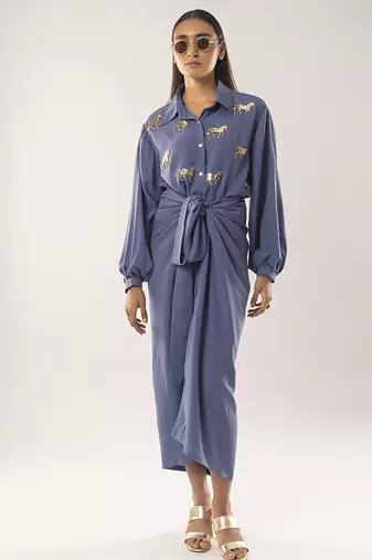 Blue embroidered crepe co ord set