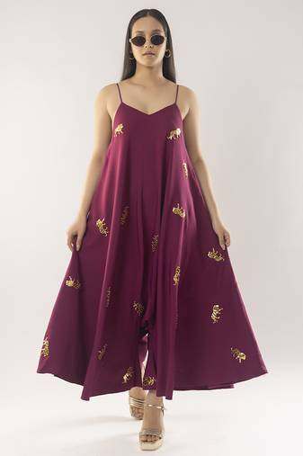 Maroon embroidered crepe dress