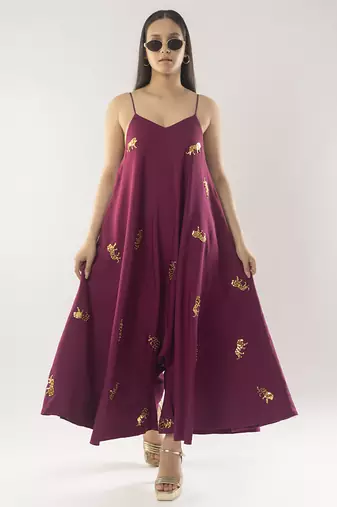 Maroon embroidered crepe dress