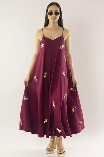 Maroon embroidered crepe dress