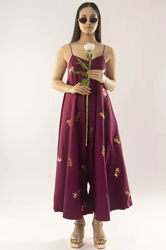 Maroon embroidered crepe dress