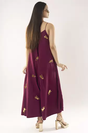 Maroon embroidered crepe dress