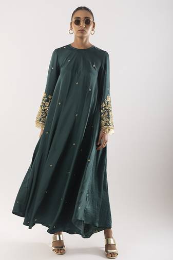 Green embroidered satin kurta set