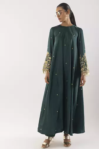 Green embroidered satin kurta set