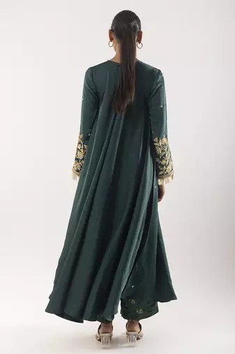Green embroidered satin kurta set