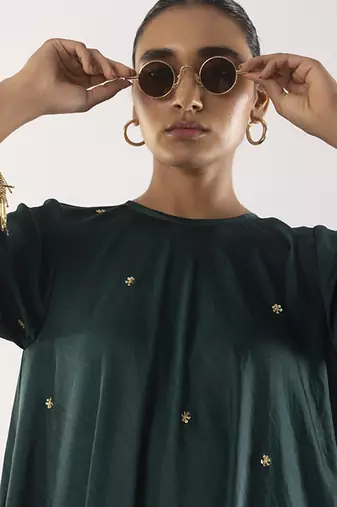 Green embroidered satin kurta set