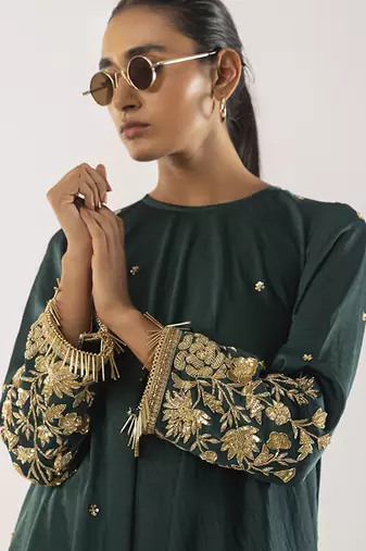 Green embroidered satin kurta set