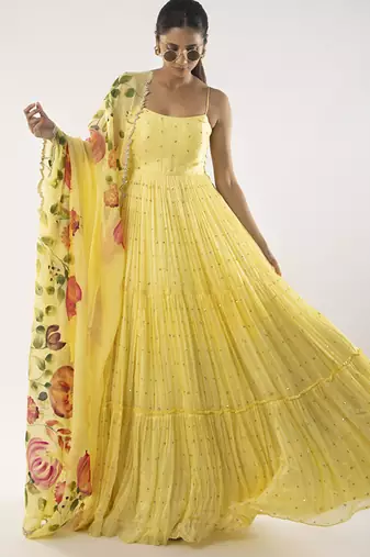 Yellow embroidered viscose anarkali