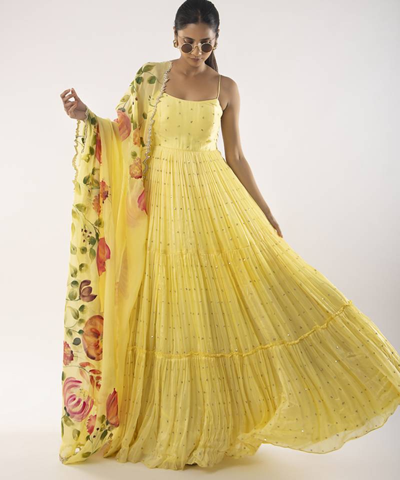 Yellow embroidered viscose anarkali