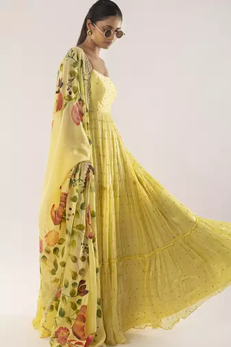 Yellow embroidered viscose anarkali