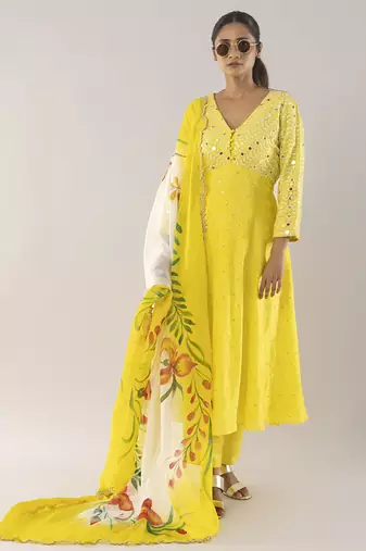 Yellow embroidered viscose kurta set