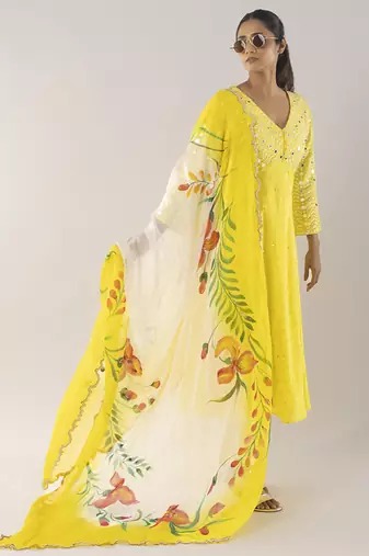 Yellow embroidered viscose kurta set
