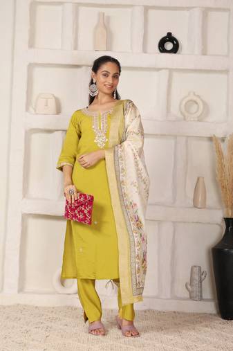 Elegant mustard ethnic set with digital muslin dupatta