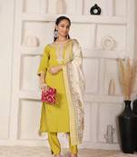mustard ethnic set with digital muslin dupatta