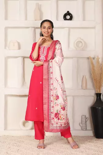 Elegant rani pink ethnic set with digital muslin dupatta