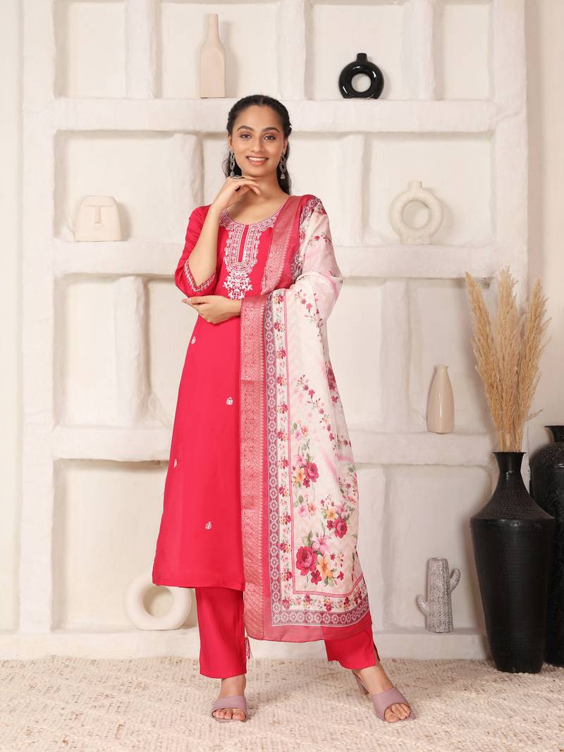 Elegant rani pink ethnic set with digital muslin dupatta