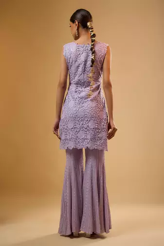Purple floral embroidered net sharara