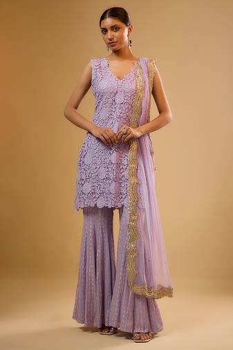 Purple floral embroidered net sharara