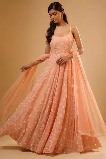 Peach floral embroidered georgette anarkali