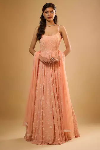 Peach floral embroidered georgette anarkali