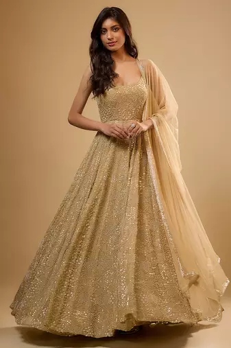 Gold sequin embroidered georgette anarkali