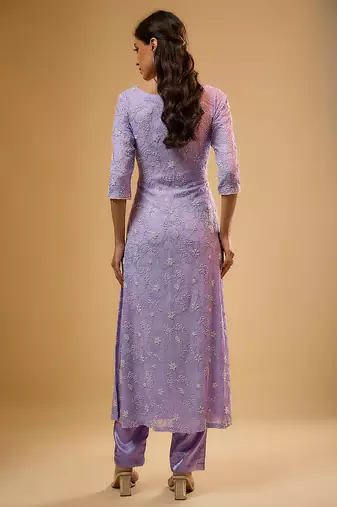 Purple floral embroidered georgette kurta Set