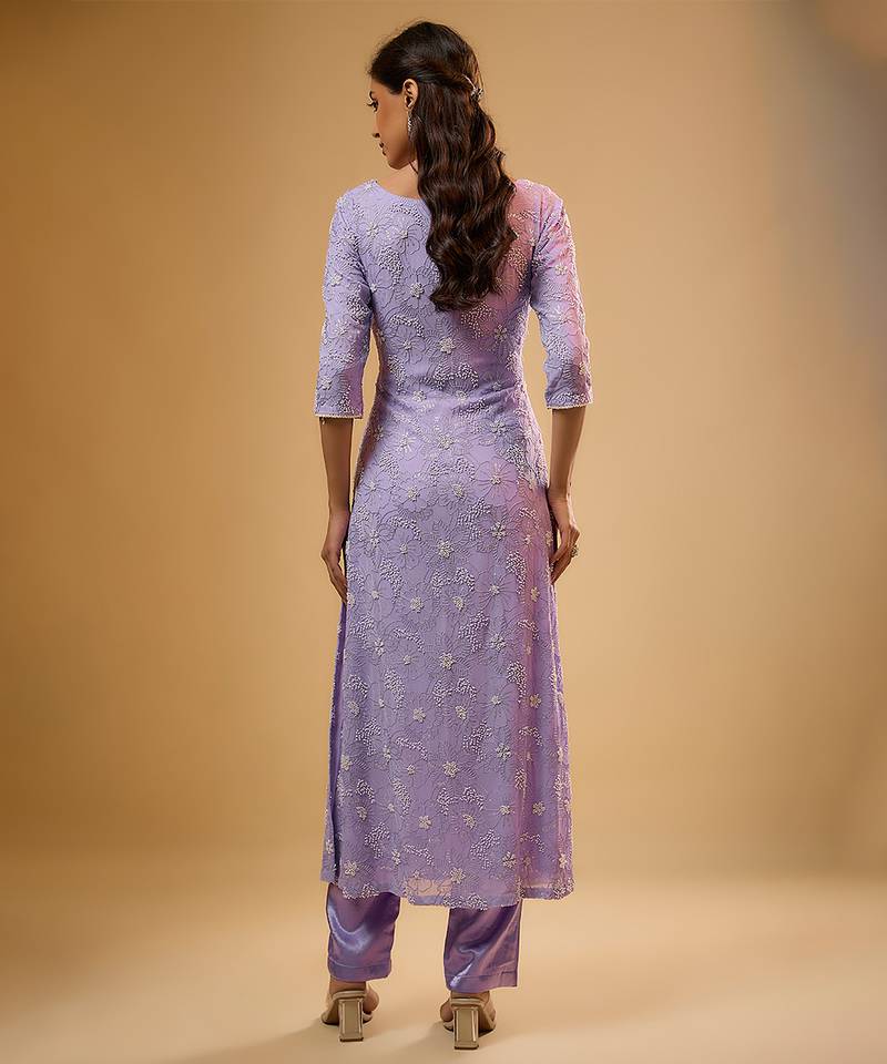 Purple floral embroidered georgette kurta Set