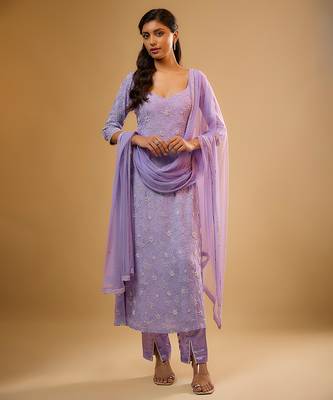Purple floral embroidered georgette kurta Set 1