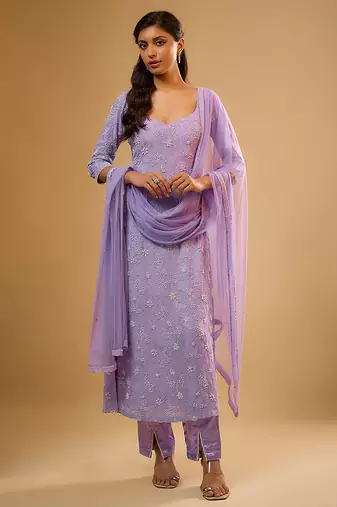 Purple floral embroidered georgette kurta Set
