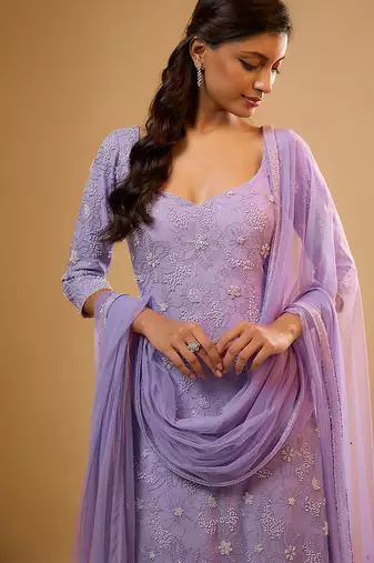 Purple floral embroidered georgette kurta Set