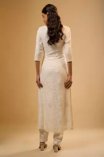 Ivory sequin embroidered georgette kurta Set